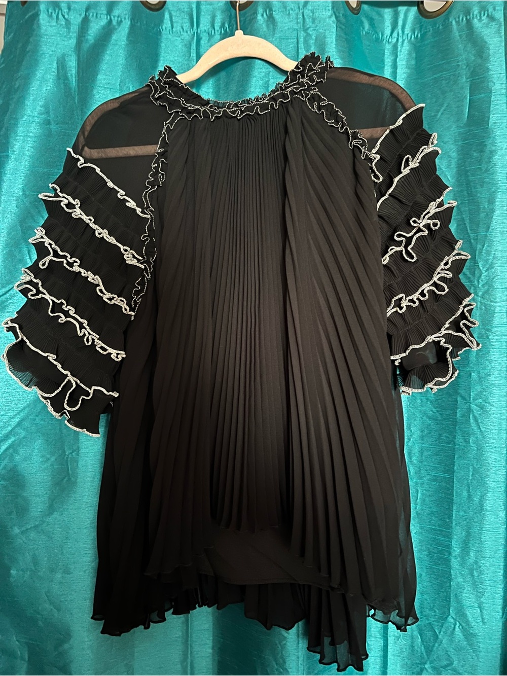Black Pleated Ruffle Sleeve Blouse